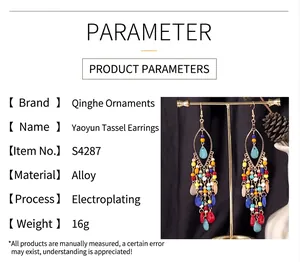 Detailed view of Bohemian ethnic long tassel earrings with colorful beads and drops