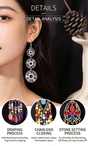 Detailed macro view of Bohemian colorful long drop earrings with handcrafted craftsmanship