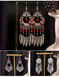 Detailed close-up view of Bohemian retro ethnic style long tassel drop earrings for women