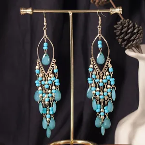 Bohemian style waterdrop tassel earrings with turquoise beads in long dangle design.
