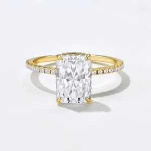 Macro detail of radiant cut ice flower zircon ring with pavé diamonds in 925 silver