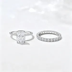 Detailed macro view of 925 sterling silver wedding set with ice flower cut zircon.