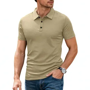 Men's khaki short sleeve textured polo shirt with button collar and slim fit design