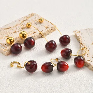 Creative Cherry Fruit Shaped Drop Earrings Stainless Steel Gold Plated Red Resin Beads Sweet Fashion Jewelry For Women Girls