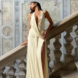 Elegant deep V halter long dress with ruched waist and high slit detail