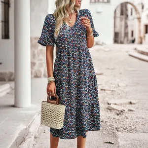 Elegant floral print V-neck short sleeve midi dress for women in a stylish summer look