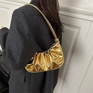 Stylish golden metallic pleated underarm shoulder bag for trendy women's fashion