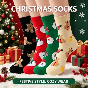 Christmas Crew Socks Cotton Blend Santa Snowman Reindeer Pattern Holiday Casual Winter Breathable Mid Calf For Women