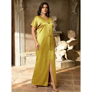 Elegant gold satin maxi dress with floral buttons and side slit, plus size robe style