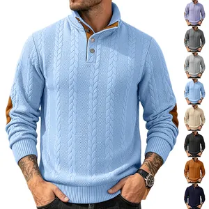 Men's stylish cable knit pullover with stand-up button collar and elbow patches