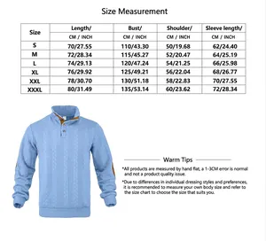Detailed size chart for men's blue stand collar jacquard knit pullover sweatshirt