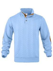 Sky blue men's jacquard knit sweater featuring a stand collar and brown elbow patches.