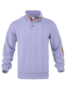 Detailed view of lavender men's cable knit pullover featuring stand collar and buttons