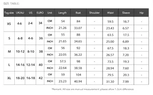Detailed size guide table with measurements in cm and inches for women's slim fit T-shirt