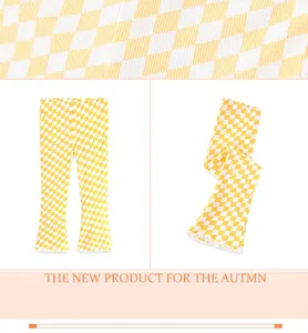 Detail view showing yellow and white checkered children's leggings with soft ribbed texture