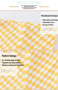 Details of yellow checkered leggings featuring elastic waistband and soft ribbed fabric