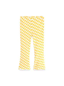 Girls Checkered Ribbed Flared Pants Cotton Harlequin Pattern Lettuce Edge Leggings Elastic Waist Spring Autumn