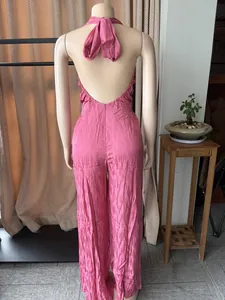 Detailed back view of pink backless sleeveless wide-leg jumpsuit displayed on mannequin