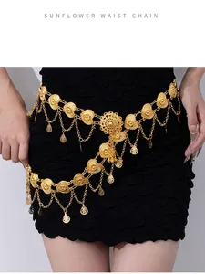 Detailed view of vintage gold waist chain with heart charms and floral filigree