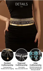Close-up of ethnic metal coin belt showing intricate carving and turquoise inlay