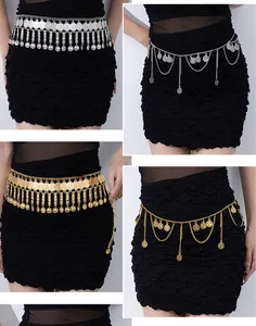 Detailed view of adjustable gold and silver vintage metal coin waist chains on black dress
