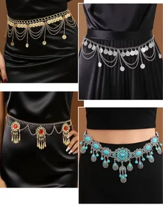 Close-up of four styles of ethnic metal waist chains with coins, turquoise and tassels