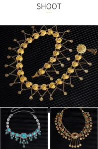 Detailed view of three ethnic metal waist chains featuring heart and coin motifs