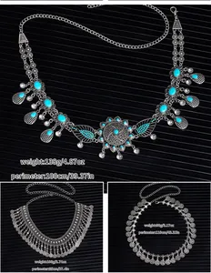 Detailed views of ethnic style metal waist chains with weight and size specifications.