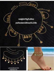 Vintage gold metal coin waist chain belt with adjustable links for bohemian dresses