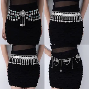 Ethnic vintage silver coin waist chain with fringes for women's boho style dresses
