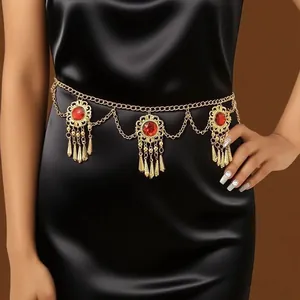 Vintage gold metal waist chain belt with red stones and elegant tassels for dresses