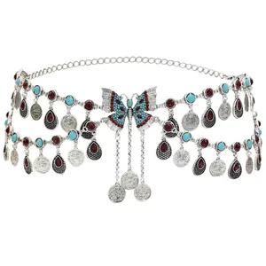 Vintage ethnic style silver metal waist chain featuring butterfly motif and coin tassels