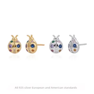 Ladybug Stud Earrings 925 Sterling Silver Colorful Cubic Zirconia Small Cute Animal Jewelry Women Girls