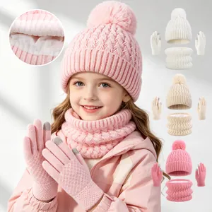 Kids Winter Knitted Beanie Hat Neck Warmer And Touch Screen Gloves Set Fleece Lined Thick Warm For Outdoor Boys Girls