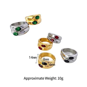 Vintage stainless steel rings with colorful oval zircons in gold and silver finishes