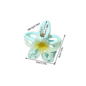 Elegant gradient blue and yellow flower hair claw clip with detailed size and weight labels