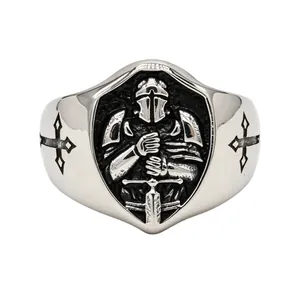 Vintage Stainless Steel Knight Samurai Shield Ring For Men Gothic Cross Punk Finger Ring Retro Distressed Biker Jewelry Gift