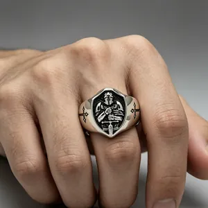 Vintage titanium steel knight ring for men featuring a shield and cross engraving