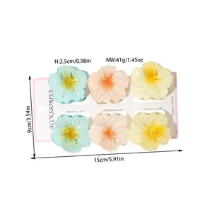 Six colorful flower hair clips set with detailed size and weight measurements shown.