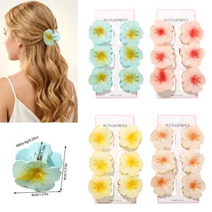 Detailed multi-color hibiscus flower hair claw clips showing dimensions and weight.