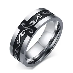 Retro Titanium Steel Cross Pattern Ring For Men Vintage Punk Gothic Engraved Band Ring 8mm Width Silver Black Jewelry Gift
