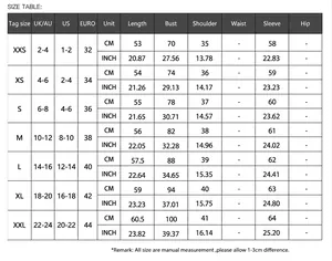 Detailed size chart for women's Y2K solid color long sleeve button-up base T-shirt