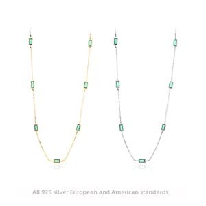 925 Sterling Silver Necklace With Emerald Green Baguette Zirconia Vintage French Retro Style Box Chain Minimalist Jewelry For Women