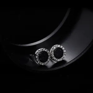 Elegant round blue sandstone stud earrings with sparkly halo crystals for men and women