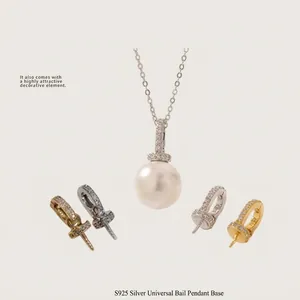 S925 sterling silver universal bail pendant base with zircon accents for jewelry making