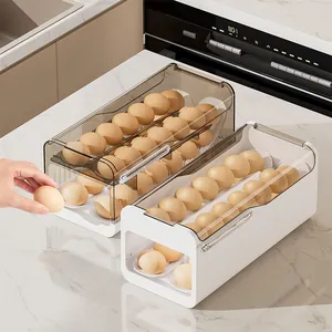 Rolling egg storage container for refrigerator with transparent lid and auto-fill design