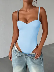 Close-up of a light blue slim-fit bodysuit with heart neckline and thin straps