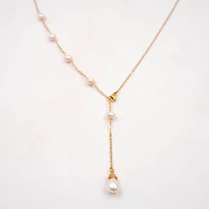 Adjustable freshwater pearl necklace with gold titanium steel chain sweater link