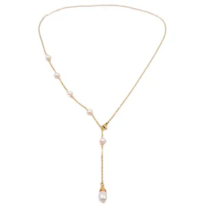 Elegant adjustable freshwater pearl long sweater necklace with gold titanium steel chain