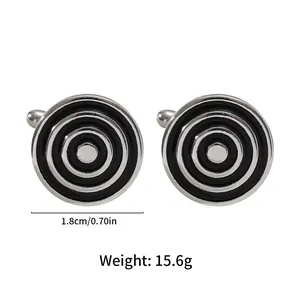 Detailed close-up view of round geometric cufflinks with black concentric rings, 1.8cm diameter